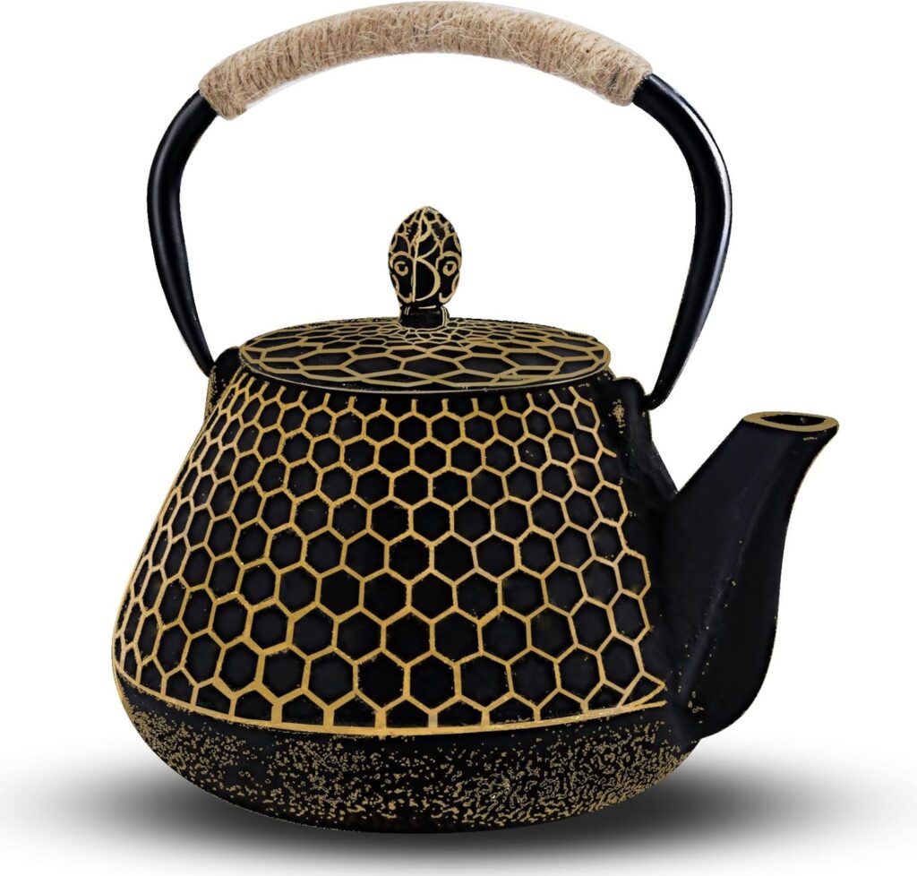 Cast Iron Tea Pot – Honeycomb Pattern Tea Kettle with Tea Leaf Infuser,Stovetop Tea Kettle Coated with Enameled Interior,Suitable for Brewing Loose Leaf Tea (Gold)