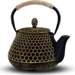 Cast Iron Tea Pot – Honeycomb Pattern Tea Kettle with Tea Leaf Infuser,Stovetop Tea Kettle Coated with Enameled Interior,Suitable for Brewing Loose Leaf Tea (Gold)