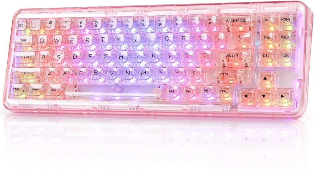 YUNZII X71 Wireless Hot Swappable Transparent Mechanical Keyboard with Clear Keycaps, 68% Layout, BT5.0/2.4G/USB-C Gasket Mount Wireless RGB Backlit for Windows/Mac(Crystal Ice Switch,Pink)