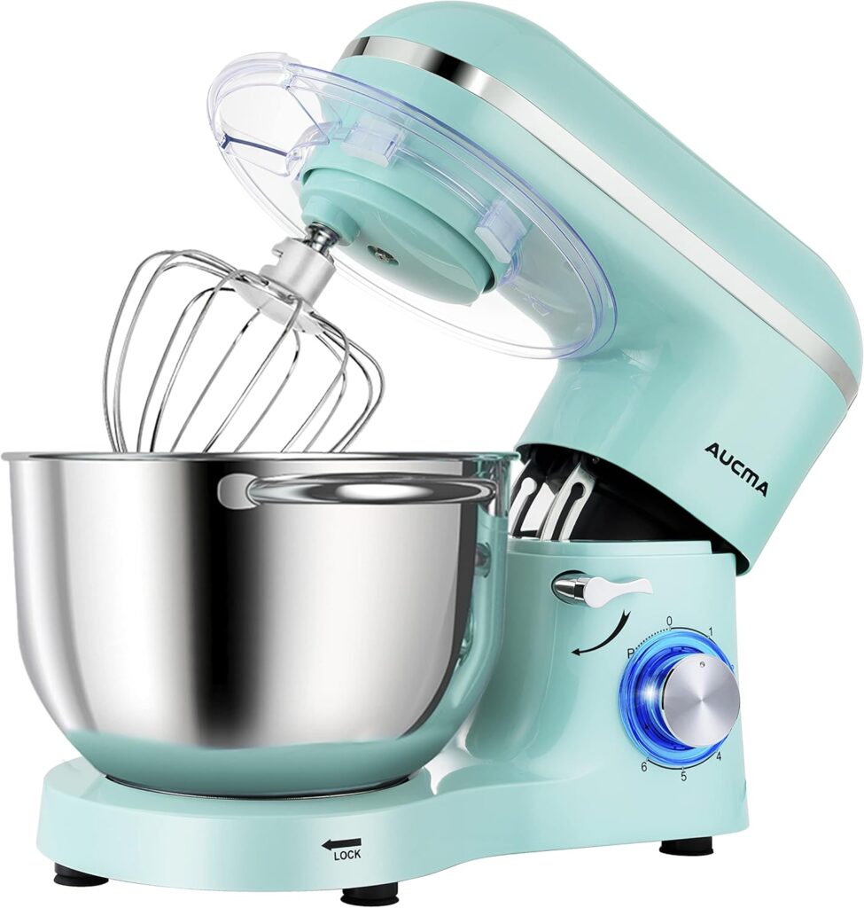Aucma Stand Mixer,6.5-QT 660W 6-Speed Tilt-Head Food Mixer, Kitchen Electric Mixer with Dough Hook, Wire Whip & Beater (6.5QT, Blue)