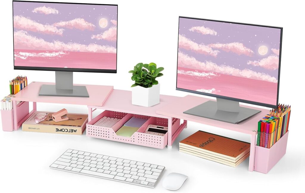 Desk Dual Monitor Stand Riser – Wood Desk Organizer with Drawer and Pen Holders, Office Desk Accessories & Workspace Organization, Computer Monitor Stand for Laptop Printer, Girl Pink