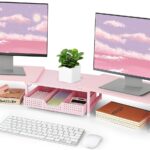 Desk Dual Monitor Stand Riser – Wood Desk Organizer with Drawer and Pen Holders, Office Desk Accessories & Workspace Organization, Computer Monitor Stand for Laptop Printer, Girl Pink
