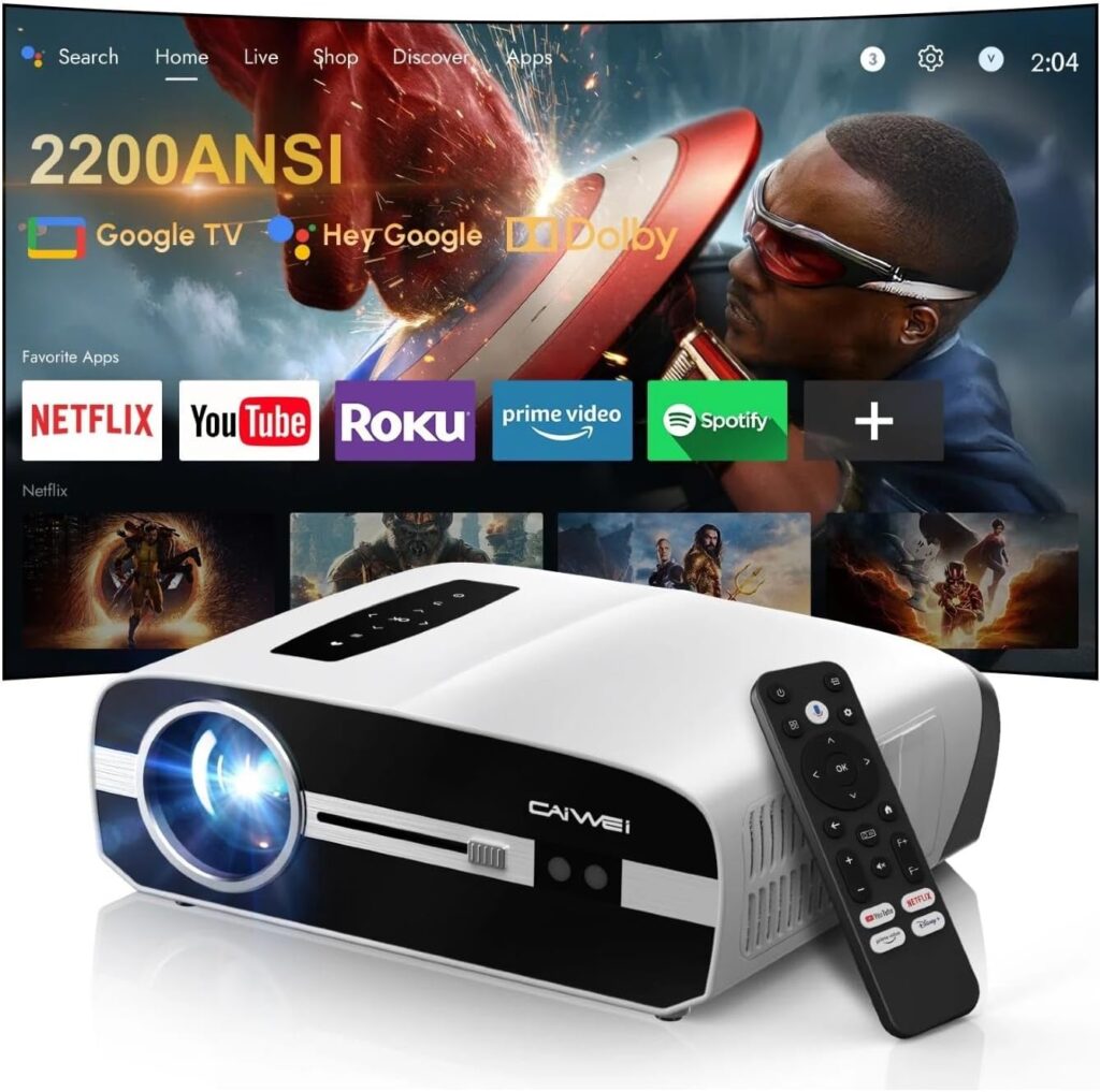 Ultra HD 4K Google TV Projector 2200 ANSI High-Bright Home Theater Projector Outdoor, ToF+CMOS Laser Auto Focus, WiFi6 Bluetooth, Shorter Throw, Dolby Audio, 30W Speaker, NFC Screencast