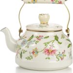 Jucoan 2.6 Quart Vintage Enamel Tea Kettle, Green Floral Stovetop Water Kettle Teapot with Porcelain Handle for Home Kitchen Camping Tea Party, Gift for Bridal Shower Wedding Housewarming