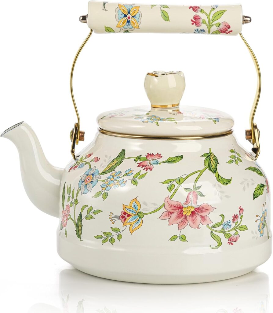 Jucoan 2.6 Quart Vintage Enamel Tea Kettle, Green Floral Stovetop Water Kettle Teapot with Porcelain Handle for Home Kitchen Camping Tea Party, Gift for Bridal Shower Wedding Housewarming