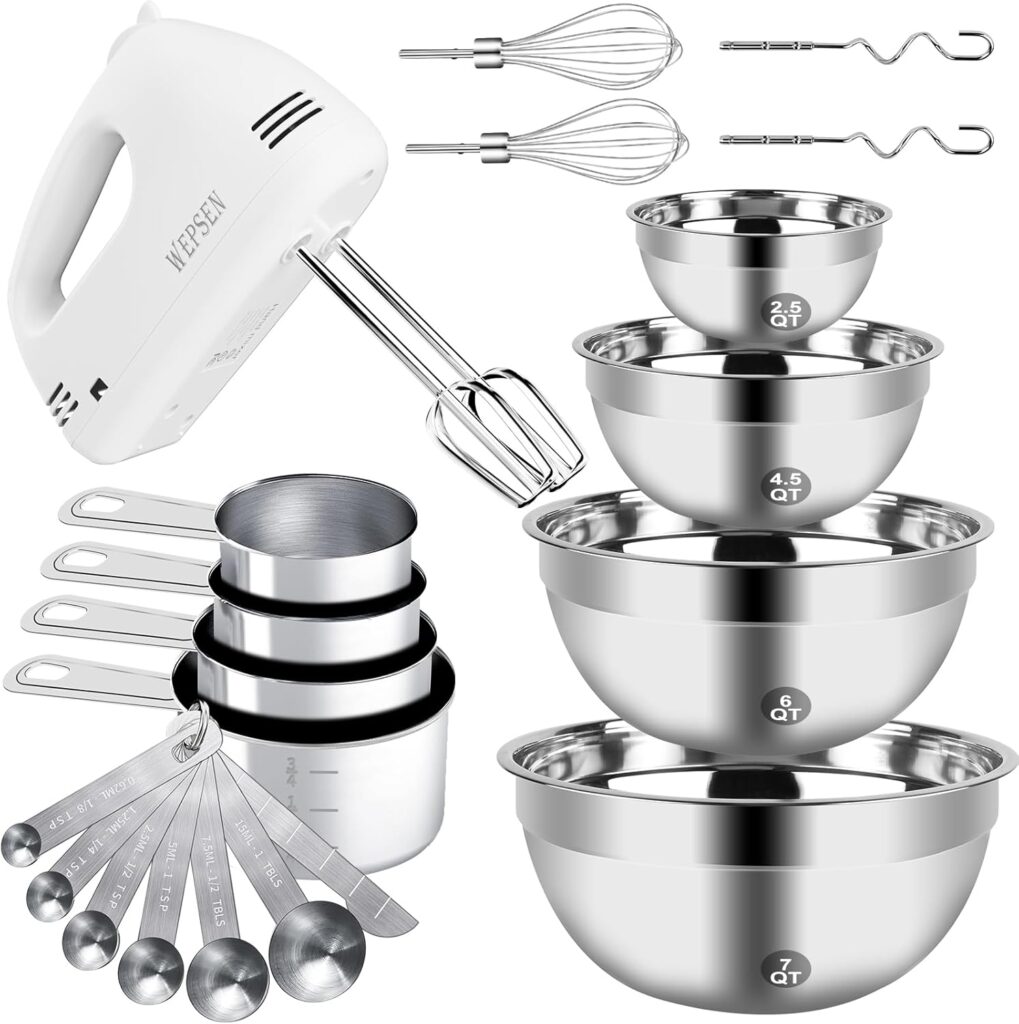 Hand Mixer Electric Mixing Bowls Set, 5 Speeds Handheld Mixer with 4 Nesting Stainless Steel Mixing Bowl, Measuring Cups Spoons 200W Kitchen Blender Whisk Beater Baking Supplies For Beginner
