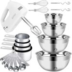 Hand Mixer Electric Mixing Bowls Set, 5 Speeds Handheld Mixer with 4 Nesting Stainless Steel Mixing Bowl, Measuring Cups Spoons 200W Kitchen Blender Whisk Beater Baking Supplies For Beginner