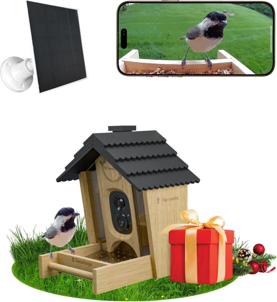 Sensforge Smart AI Bird Feeder Camera, 2.5K HD Live View, Solar-Powered Wooden Outdoor Feeder with AI Recognition, Weatherproof, App Notifications – Ideal for Bird Lovers, Parents & Kids