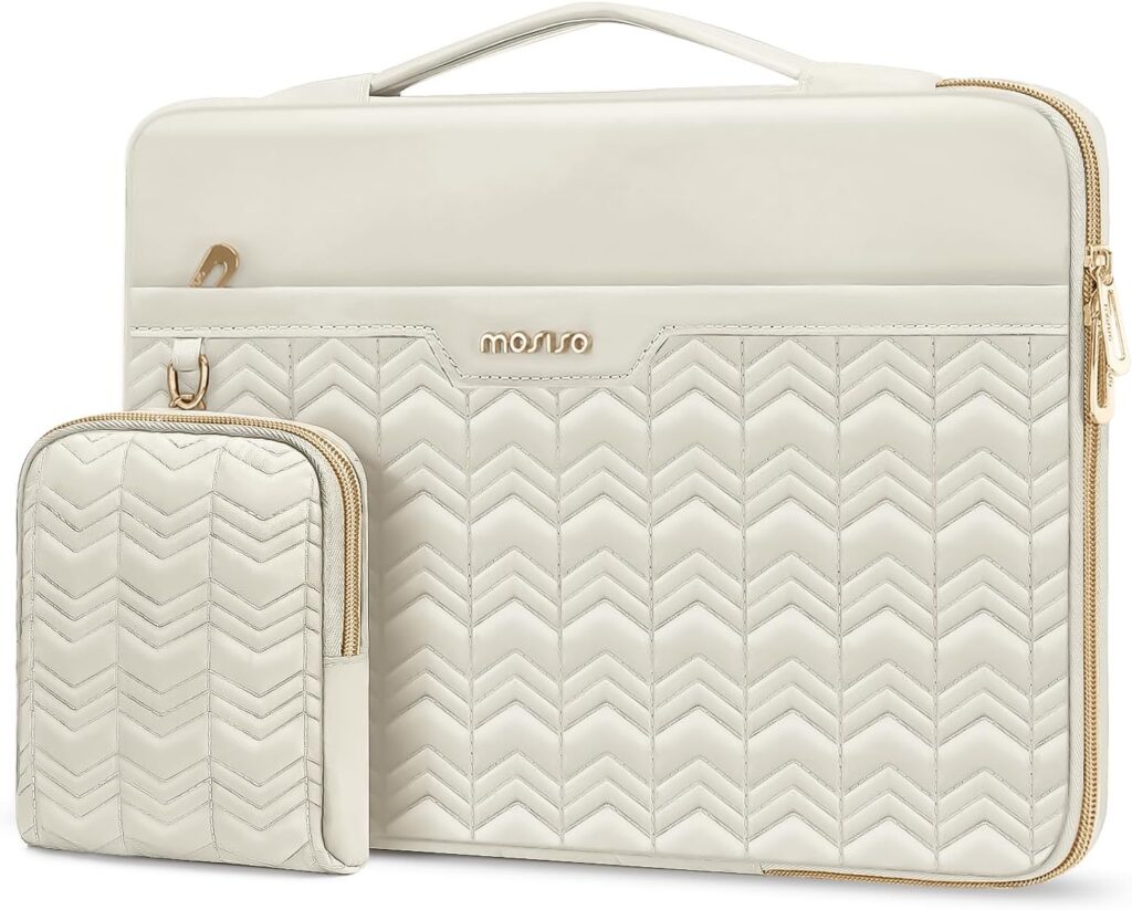 MOSISO 360 Protective Laptop Sleeve 13-13.3 inch, Compatible with MacBook Air 13 M2 M1, Compatible with MacBook Pro 13/14, Wavy Quilted Side Open Bag with Horizontal Pockets&Small Case, Sand