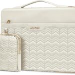 MOSISO 360 Protective Laptop Sleeve 13-13.3 inch, Compatible with MacBook Air 13 M2 M1, Compatible with MacBook Pro 13/14, Wavy Quilted Side Open Bag with Horizontal Pockets&Small Case, Sand