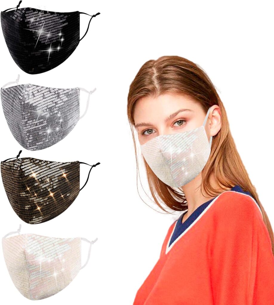Reusable Sequin Face Mask Women Female Adult Glitter Sparkly Bling Washable Designer Fashion Cute Pretty Breathable Adjustable Sparkle Bedazzled Fancy Decorative Black White Gold Silver Gift For Women