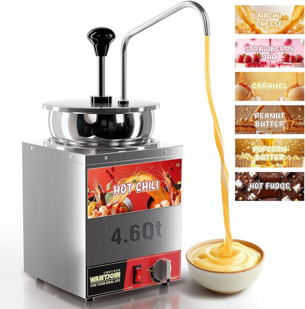 WantJoin Nacho Cheese Dispenser with Pump – 4.6QT Commercial Stainless Steel Warmer with 86-185°F Temperature Control for Hot Fudge, Caramel & Sauces