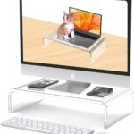 Acrylic Monitor Stand Riser Acrylic Laptop Stand for Desk Clear Computer Monitor Stand for Desk Accessories White Aesthetic Decorations for Office Home iMac Organizer