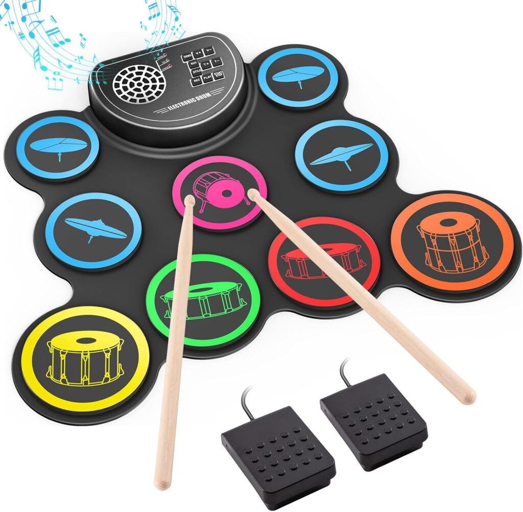 Electronic Drum Set, 9-Drum Practice Pad with Headphone Jack, Roll-up Drum Kit Machine with Built-in Speaker Drum Pedals and Sticks 10 Hours Playtime, Great Christmas for Kids