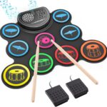 Electronic Drum Set, 9-Drum Practice Pad with Headphone Jack, Roll-up Drum Kit Machine with Built-in Speaker Drum Pedals and Sticks 10 Hours Playtime, Great Christmas for Kids