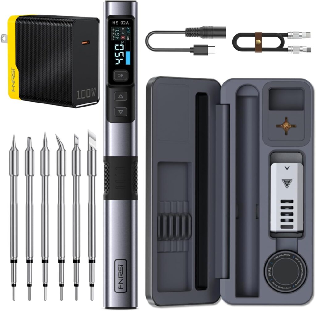 FNIRSI HS-02A 100W Portable Corded Soldering Iron Kit with Storage Case, 3S Fast Heating, 212-842℉, Pre-set 3 Groups Temperature, 6 F245 Soldering Tips, Smart Soldering Iron Pen for Electronics Repair