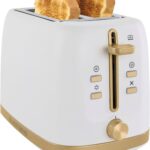 West Bend Timeless 2-Slice Toaster with 7 Browning Levels, Bagel/Waffle/Defrost Settings, High-Lift Lever, Anti-Jam, Easy-Clean Crumb Tray, 2-Slice, White/Gold