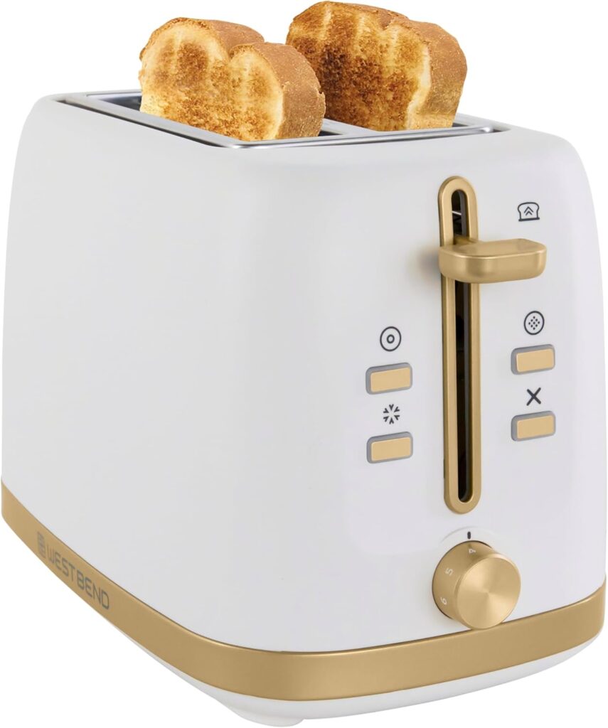 West Bend Timeless 2-Slice Toaster with 7 Browning Levels, Bagel/Waffle/Defrost Settings, High-Lift Lever, Anti-Jam, Easy-Clean Crumb Tray, 2-Slice, White/Gold