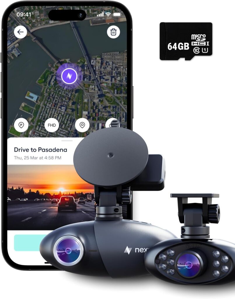 Nexar Pro GPS Dash Cam System – Dual Dashcam Front and Interior Dash Camera for Cars with 64GB SD Card Unlimited Cloud Storage 24/7 Parking Mode Night Vision and 1-Year Nexar Classic App Subscription
