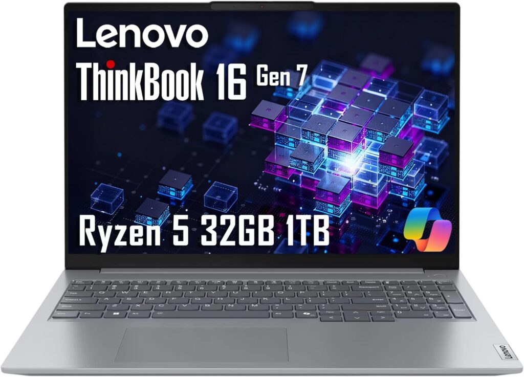 Lenovo ThinkBook 16 Gen 7 Business Laptop (16″ FHD+ Anti-Glare, AMD Ryzen 5 7533HS (> i7-1255U), 32GB DDR5 RAM, 1TB SSD), Fingerprint Reader, Webcam, Ethernet, Wi-Fi 6, Win 11 Pro w/ Copilot, Grey