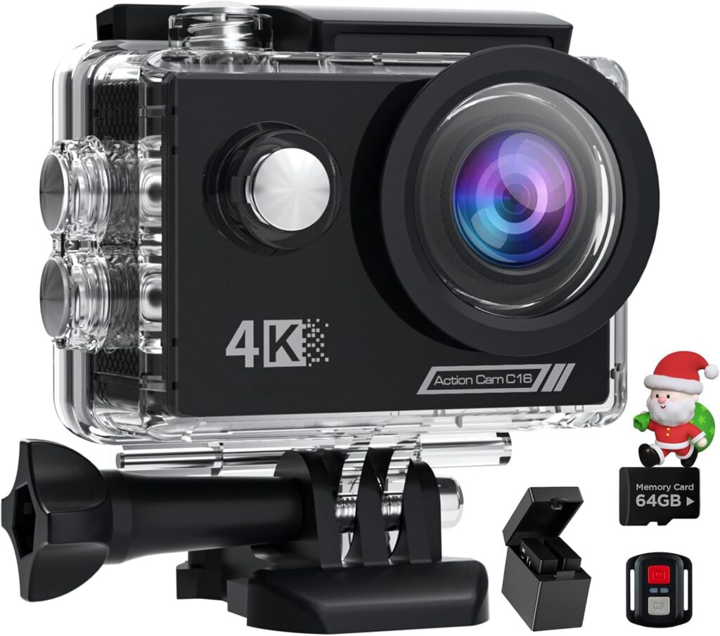 Action Camera 4K30FPS with 64G SD Card 131FT UnderwaterCamera,20MP Sports Camera 170° Waterproof Camera with WiFi,Remote Control,Mounting Kit