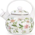 Jucoan 2.3 Quart Vintage Enamel Tea Kettle, Whistling Tea Kettle for Stove Top, Floral Enamel on Steel Teakettle Teapot for Home Kitchen Camping, Gift for Wedding Housewarming Thanksgiving Christmas