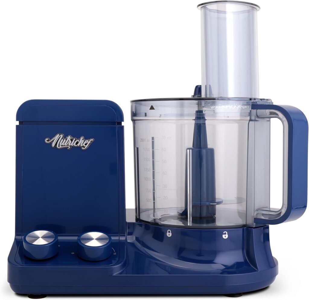 NutriChef Food Processor | 2 QT Capacity | Ultra-Quiet Multipurpose Motor | Includes 6 Attachment Blades | Silicone Base for Secure Grip | 12-Cup Capacity | Pre-Set Speeds for Easy Use (Blue)