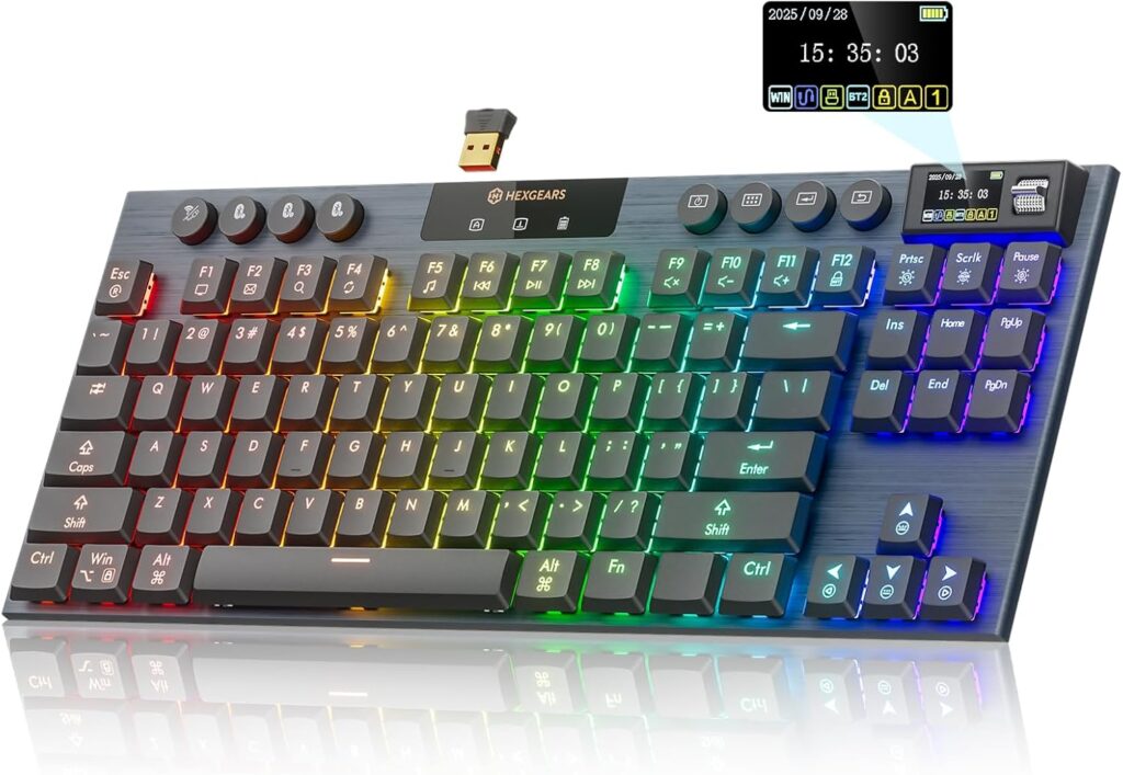 Hexgears Immersion A3 TKL Low-Profile Wireless Mechanical Keyboard, BT5.0/2.4GHz/USB-C Hot-Swappable Tactile Switches, RGB Backlit, Display Screen & 5800mAh Battery Gaming Keyboard for Pc/Mac/Tablet