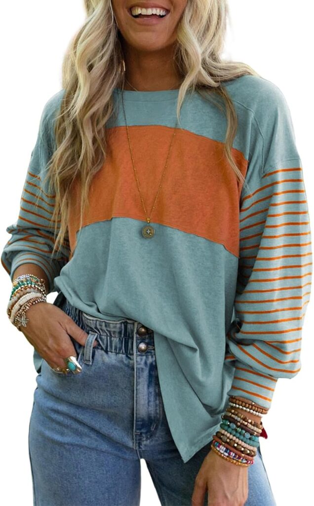 Dokotoo Long Sleeve Tops Oversized 2025 Trendy Round Crew Neck Casual Color Block Womens Shirts Blouses
