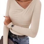 ZESICA Women’s Long Sleeve Asymmetrical Neck Ruched Slim Fit Shirts 2025 Fall Fashion Casual Tee Going Out Tops