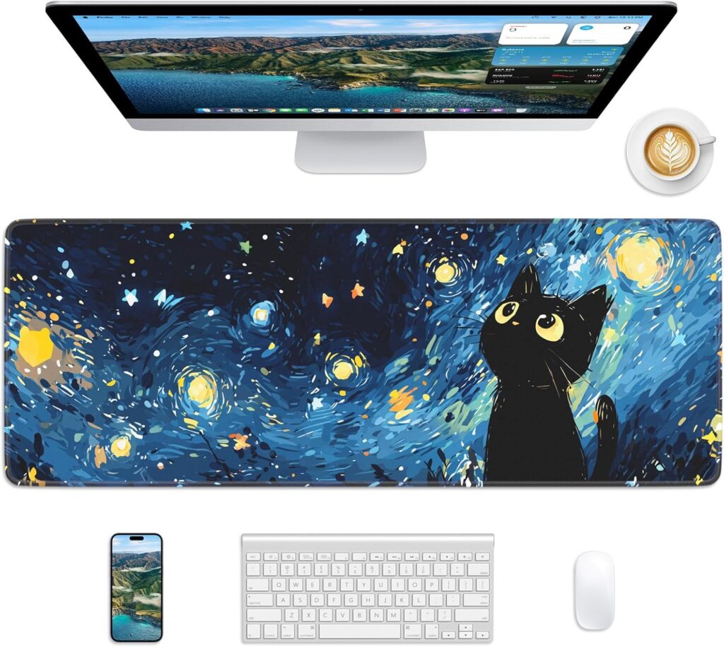 Starry Night Cat Mouse Pad, 31.5 x 11.8 Large Desk Mat with Stitched Edges & Non-Slip Base, Mousepad for Office, Home, Work