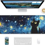 Starry Night Cat Mouse Pad, 31.5 x 11.8 Large Desk Mat with Stitched Edges & Non-Slip Base, Mousepad for Office, Home, Work