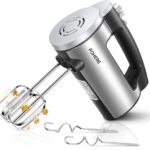 Hand Mixer Electric Handheld, 6 Speed & Turbo Electric Mixer, 300W Handheld Mixer with 2 Stainless Steel Whisk and 2 Dough Hook for Whipping, Mixing Cookies, Brownie, Cakes, Dough Batters, Silver
