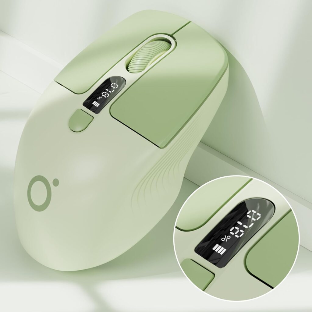 EWEADN Q1 Wireless Mouse, Bluetooth & 2.4G Silent Mouse Quiet Click with 1600 DPI Levels, Battery & DPI LED Screen Display, 6 Button Small Portable Cordless Mouse for Laptop/PC/Mac-Green