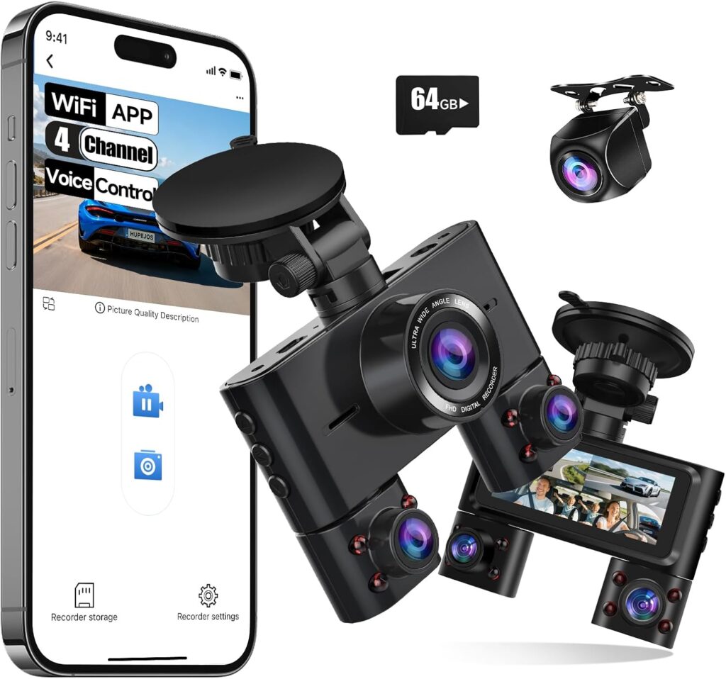 360° Dash Cam Front and Rear Inside, 4 Channel Dash Camera for Cars FHD 1080Px4, Built-in Wi-Fi, 3.16” IPS Screen, WDR Night Vision, Voice Control, Included 64GB Card, 24H Parking Mode