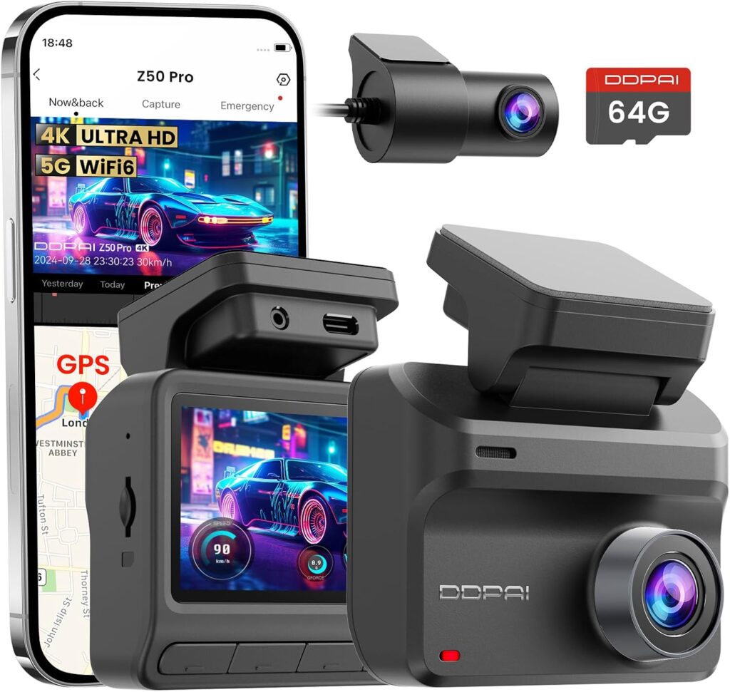 DDPAI Dash Cam Front and Rear, 4K+1080P Car On-Dash Mounted Cameras, Dashcam Included 64GB Card, Built-in 5G WiFi 6, GPS, 3” IPS, AI ISP Night Vision, 48H Parking Mode, Loop Recording, ADAS, Z50 Pro