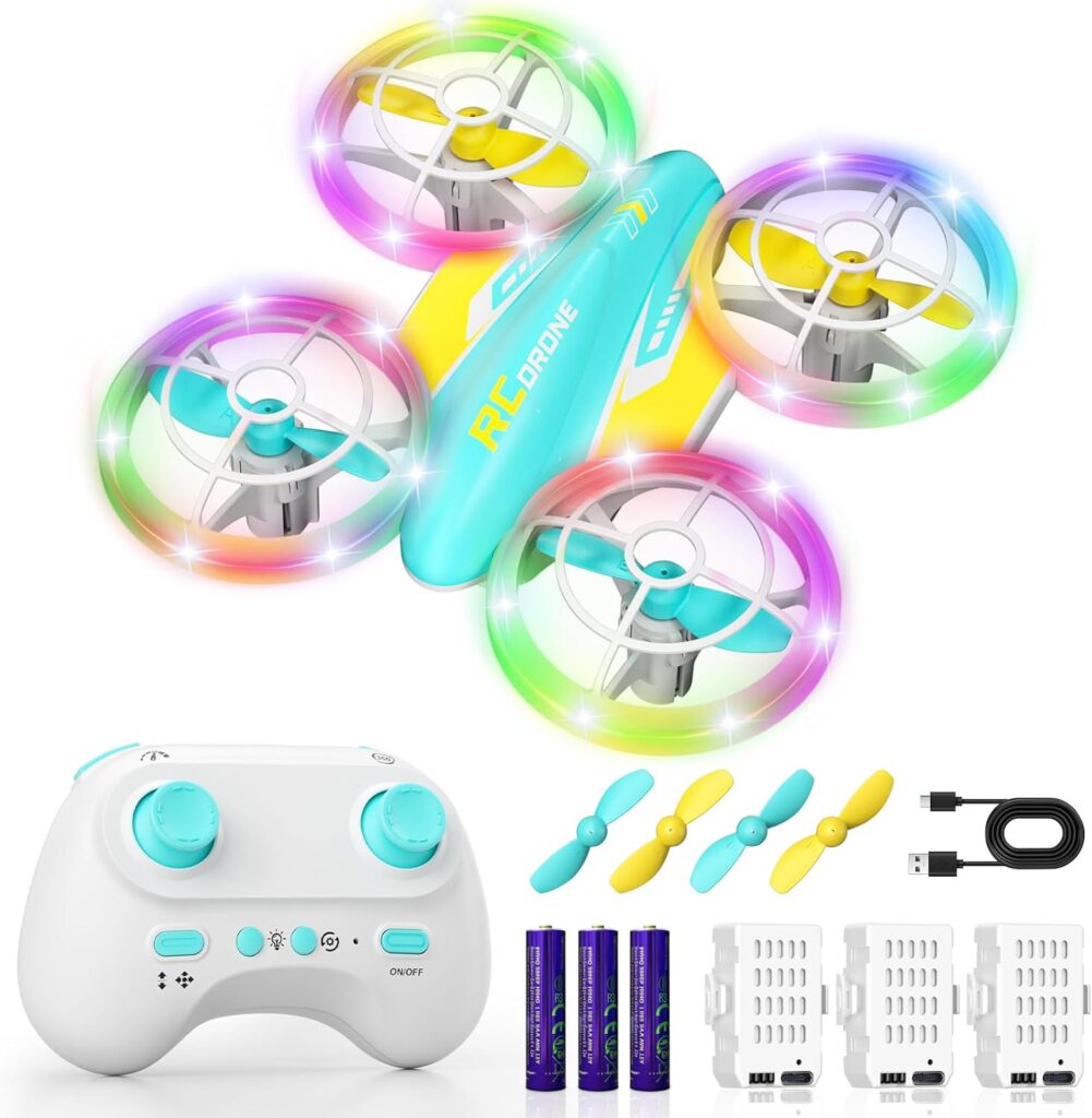 LED RC Drone for Kids 6+, Christmas Birthday Gift for Boys & Girls with Remote Batteries, 360° Flips, 3 Speed Modes, 45 Min Flight Indoor and Outdoor Flying Toy – Blue Yellow