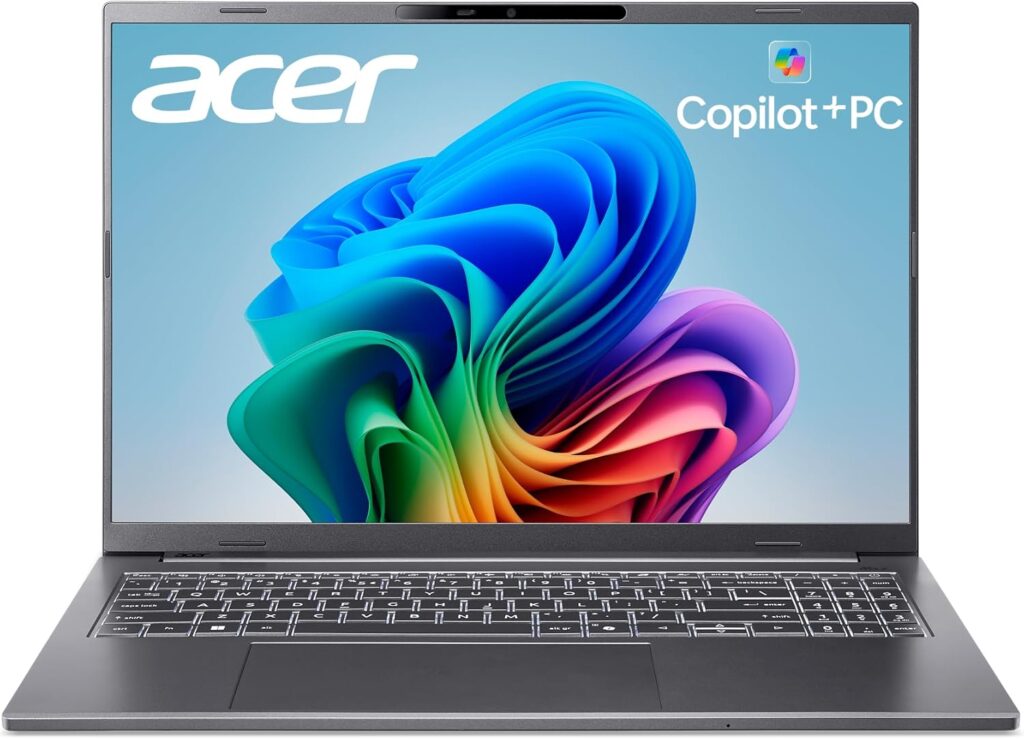 Acer Aspire 16 AI Copilot+ PC | 16″ WUXGA 120Hz Multi-Touch Display | Snapdragon X X1-26-100 | NPU: 45 Tops – GPU: Up to 1.7 TFLOPs | 16GB LPDDR5X | 512GB PCIe Gen 4 SSD | Wi-Fi 7 | A16-11MT-X669