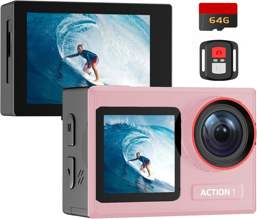 ODDV 4K 30MP Waterproof Action Camera with 60FPS & Dual Screens, 132FT Underwater Camera with 64GB Card, EIS Stabilization, 5X Zoom, WiFi Remote Control Action Camera Ideal for Sports (Rose Pink)