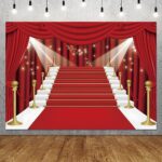 Red 7x5ft Curtain Backdrop Red Carpet Party Photography Background Fashion Show Prom Graduation Dancing Party Supplies VIP Stair Banner Photo Backdrop Polyester