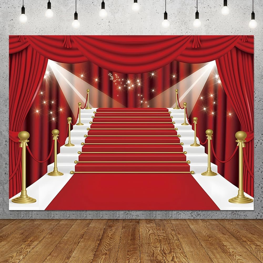 Red 7x5ft Curtain Backdrop Red Carpet Party Photography Background Fashion Show Prom Graduation Dancing Party Supplies VIP Stair Banner Photo Backdrop Polyester