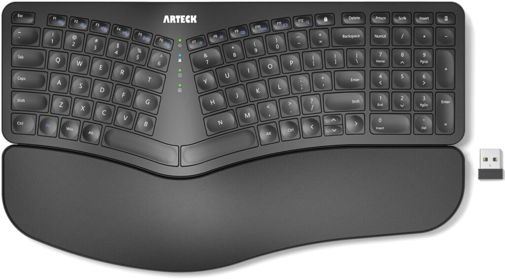 Arteck Split Ergonomic Keyboard with Cushioned Wrist and Palm Rest, 2.4G USB Wireless Comfortable Natural Ergonomic Split Keyboard, for Windows Computer Desktop Laptop