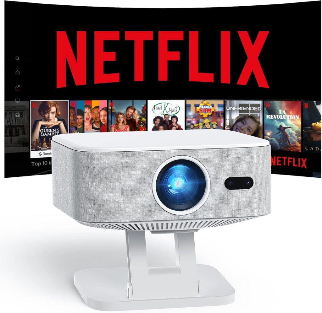[Netflix-Licensed/1500ANSI] Smart Outdoor Projector: NICPOW 4K Projector with Wifi and Bluetooth, Built-in Apps, Auto Focus & Keystone, Portable Proyector for Home & Outdoor Use, White