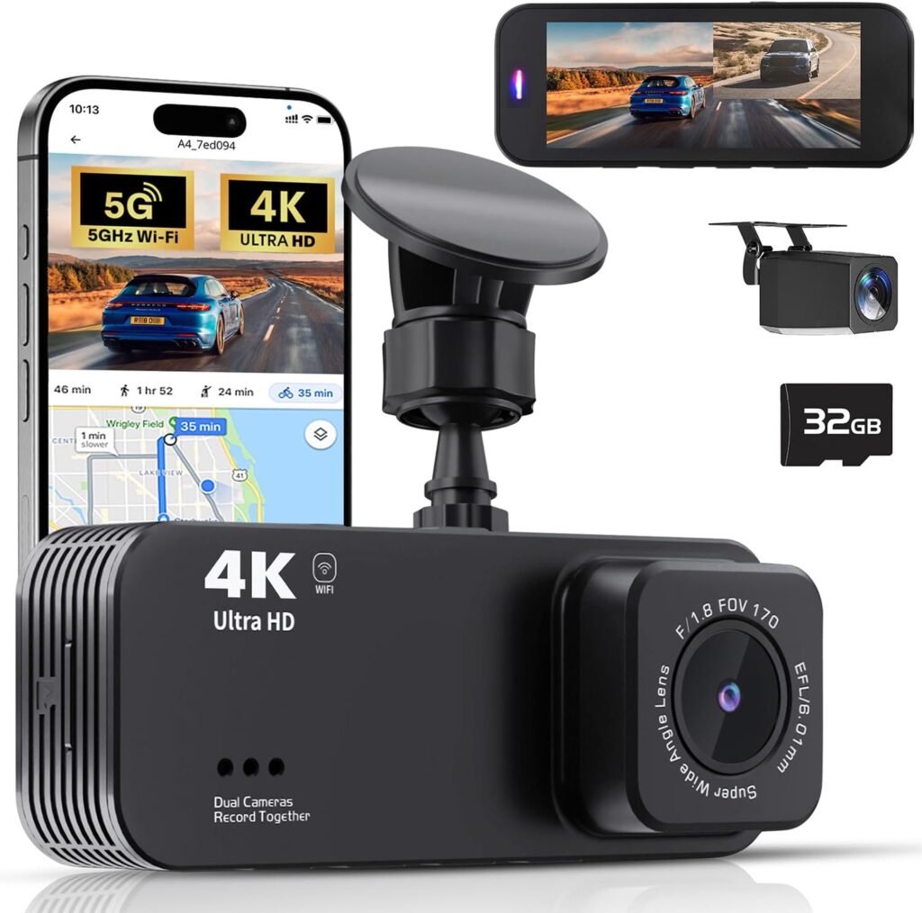 4K Dual Dash Cam Front and Rear, Dash Camera for Cars with 32GB Card, Built-in 5G WiFi, 3.16” IPS Screen, Night Vision, 170°Wide Angle, WDR, 24H Parking Mode