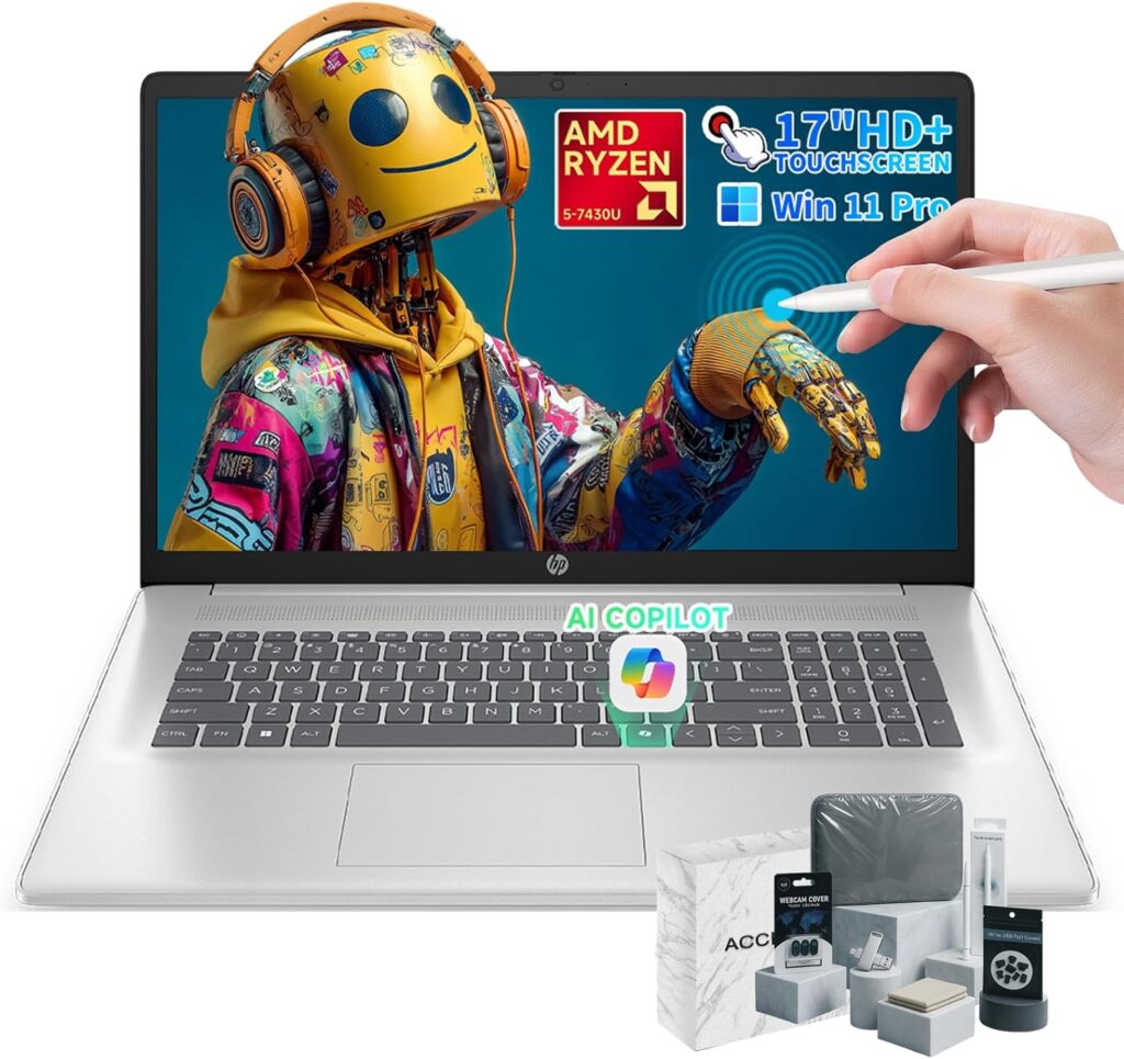 HP Premium 17 inch Touchscreen Laptop, AMD Ryzen 5 7430U, 17.3″ HD+ Touch Screen, 64GB RAM, 2TB SSD, WiFi 6, BT 5.4, Copilot, Windows 11 Pro, Laptop Computer for Work School Home Office Business