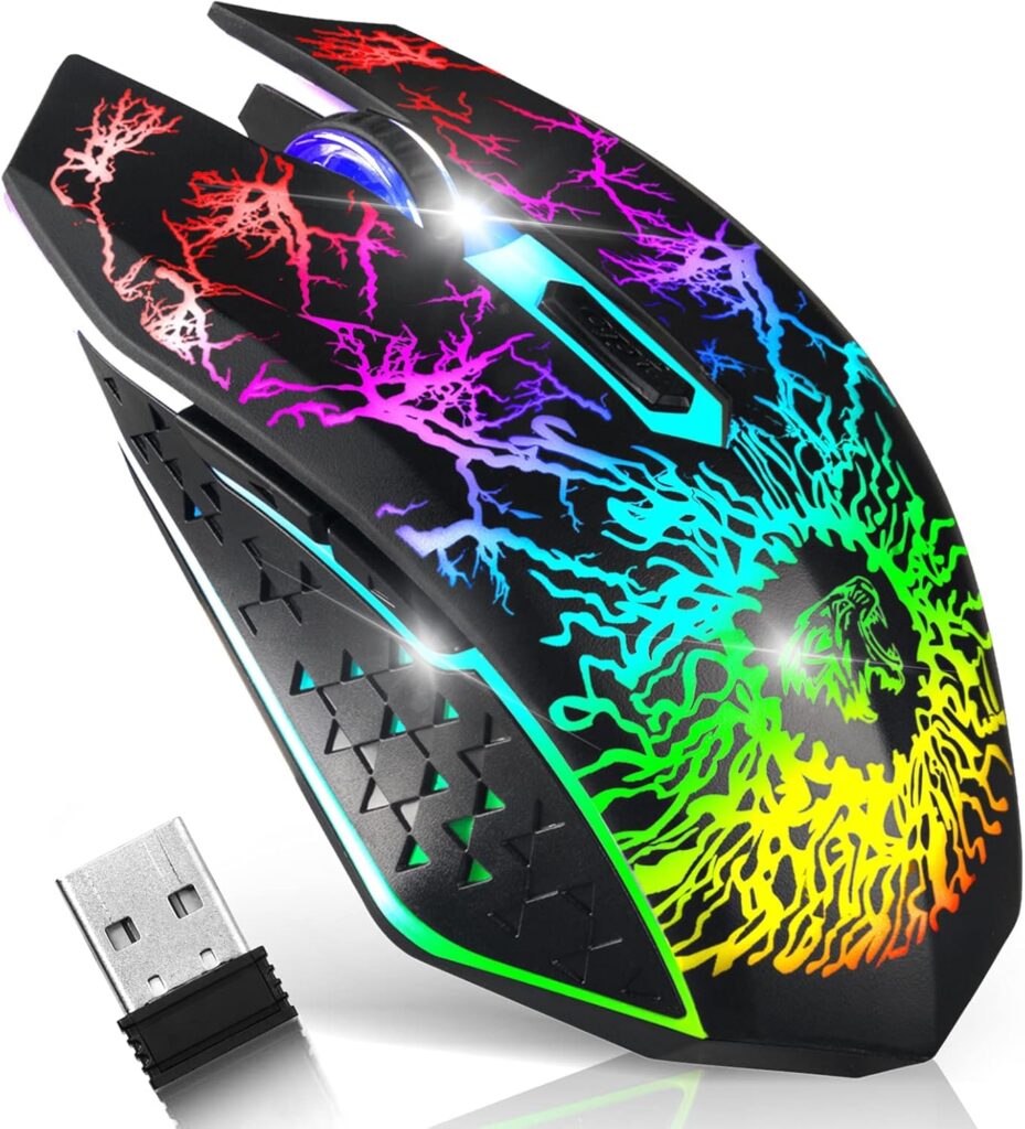VEGCOO Wireless Gaming Mouse, Rechargeable Gaming Mouse, Silent Optical Mice with 2.4G USB Receiver, 3 Level DPI, 6 Buttons, 7 Colors LED Lights for PC/Mac Gamer, Laptop and Desktop