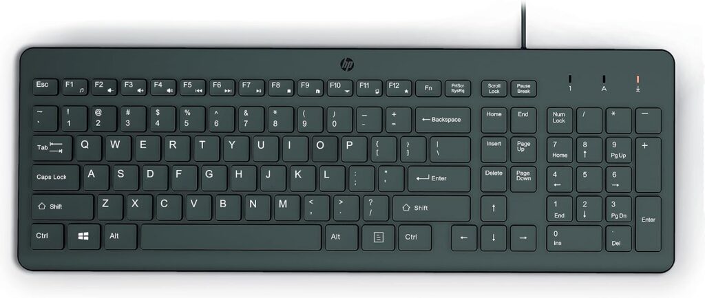 HP 150 Wired Keyboard with Numeric Keypad – Silent-Touch Chiclet Keyboard – Ergonomic, Comfortable – USB Plug-and-Connectivity, LED Indicators (664R5AA, Black)