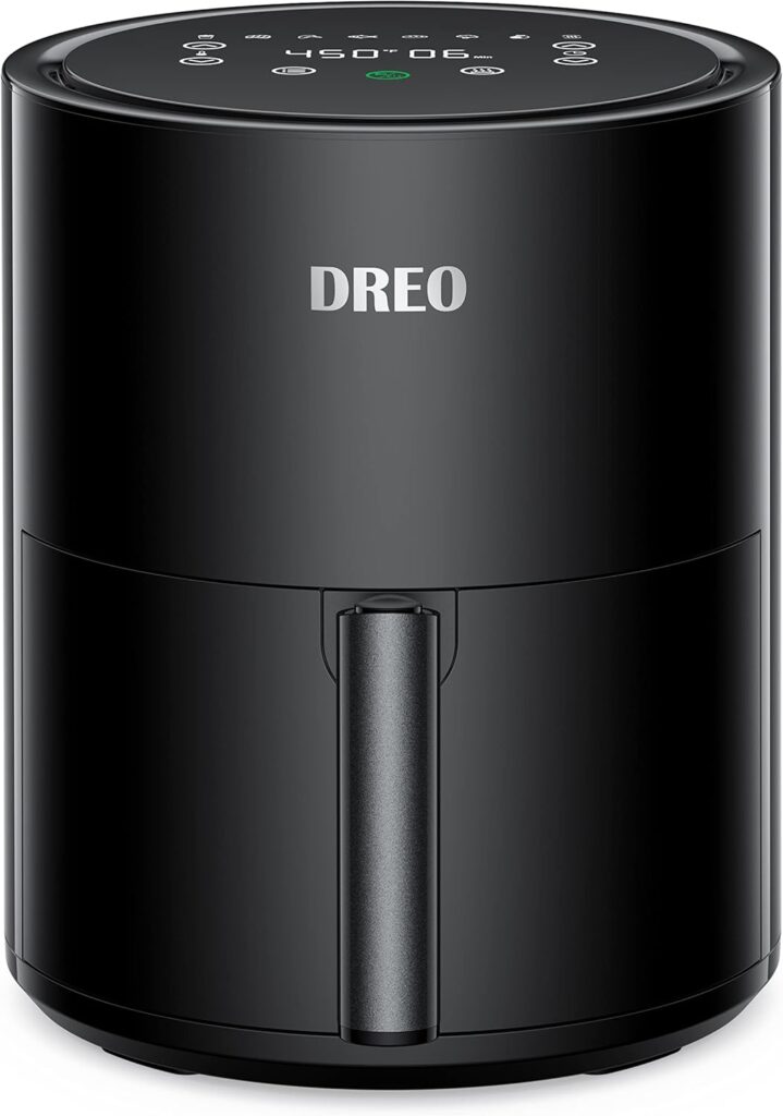 Dreo Air Fryer – 100℉ to 450℉, 4 Quart Hot Oven Cooker with 50 Recipes, 9 Cooking Functions on Easy Touch Screen, Preheat, Shake Reminder, 9-in-1 Digital Airfryer, Black, 4L (DR-KAF002)