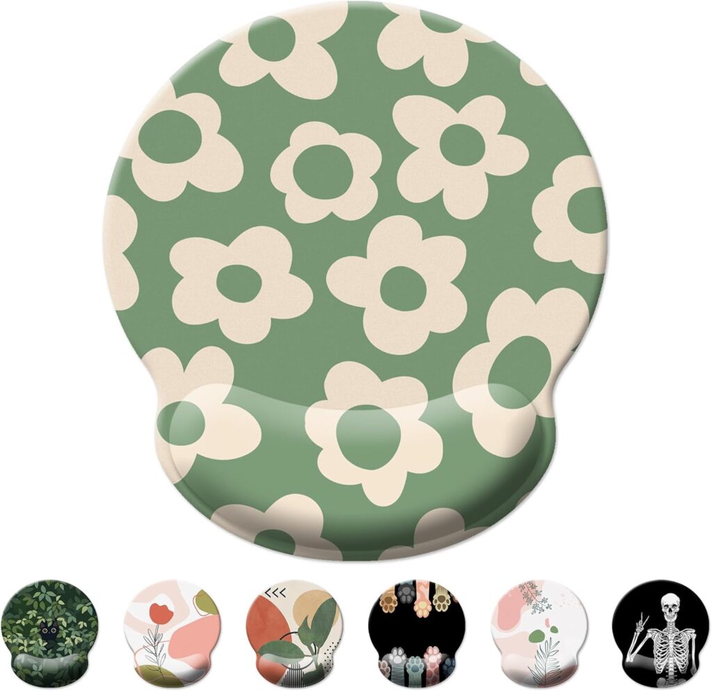 Green Mouse Pad Wrist Support,Ergonomic Mouse Pad with Wrist Rest,Comfortable Mousepad with Smooth Wrist Rest,Pain Relief Mouse Pads for Non-Slip Base,Computer,Laptop,Office(Vintage Groovy Flowers)