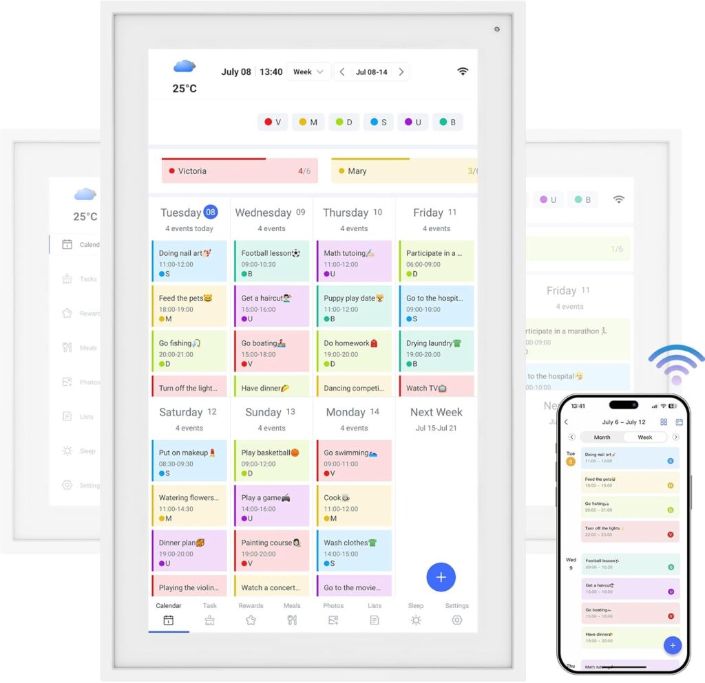 15.6” Digital Calendar Chore Chart, Wall Touchscreen Smart Electronic Calendar for Interactive Family Schedules, Meal Planner, to Do List, Achievement Rewards Two-Way Sync w/Stand Wall Mount